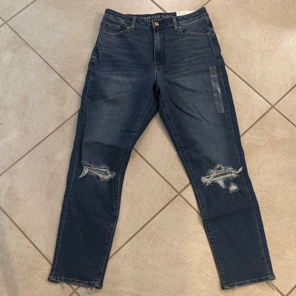 American Eagle Outfitters Dark Indigo Straight-Leg Ripped Mom Jeans Stretch